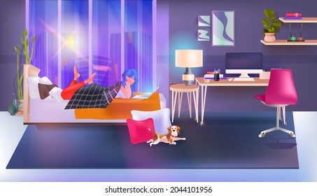 woman using chatting app on laptop social media network online communication concept bedroom interior