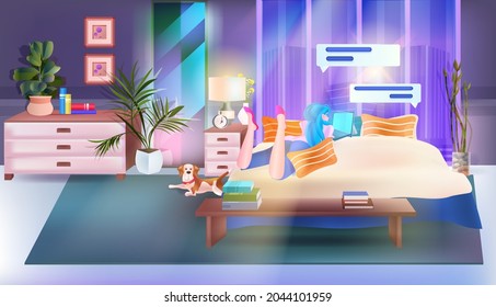 woman using chatting app on laptop social media network online communication concept bedroom interior full length