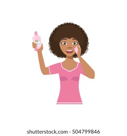Woman Using Cleaning Lotion Home Spa Treatment Procedure