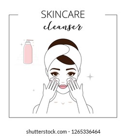 Woman using cleanser, taking care about face. Lined vector illustration.