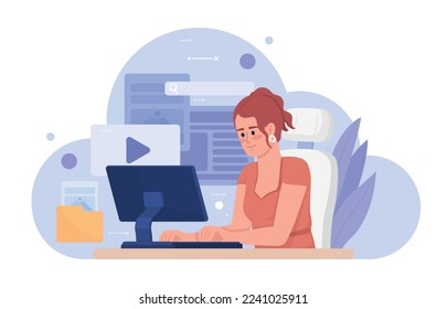 Woman using cloud storage 2D vector isolated illustration. Remote employee. Digital content flat character on cartoon background. Colorful editable scene for mobile, website, presentation