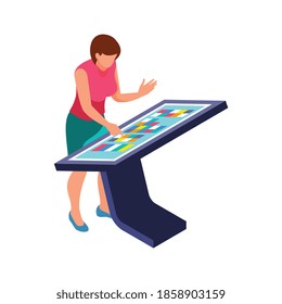 Woman using colorful interactive panel 3d isometric vector illustration