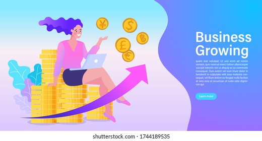Mujer que usa una aplicación de computadora para banca en línea y crecimiento de negocios. Una chica sentada sobre monedas apiladas. Ahorro o aumento de ingresos, crecimiento. Ilustración vectorial de diseño plano
