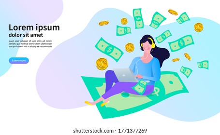 Woman using computer app for online banking and business growing. Mobile Currency Exchange Service. Flat Cartoon Vector Illustration