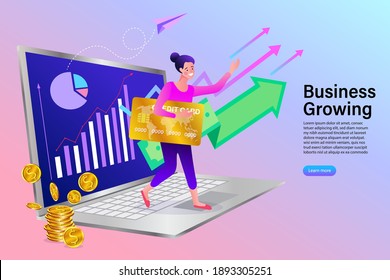 Woman using computer app for online banking and business growing. successful businessman pointing at chart going up. Graph to success. Flat Cartoon Vector Illustration