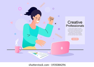 Woman using computer app for online banking and business growing. Computer and web design concept. Vector cartoon illustration.