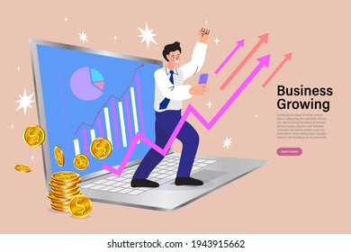 Woman using computer app for online banking and business growing. successful businessman pointing at chart going up. Graph to success. Flat Cartoon Vector Illustration