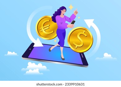 Mujer que usa una aplicación de computadora para banca en línea y crecimiento de negocios. Una chica sentada sobre monedas apiladas. Ahorro o aumento de ingresos, crecimiento. Servicio de cambio de moneda móvil. Ilustración vectorial de diseño plano