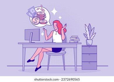 Woman using computer app for online banking and business growing. Currency Exchange Service. Savings or income increase, growth. Earning money in the internet. Flat Cartoon Vector Illustration.