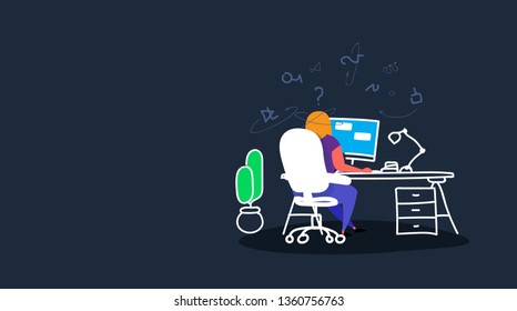 woman using computer application online social media networking communication concept girl sitting at workplace desk web site surfing internet community sketch horizontal