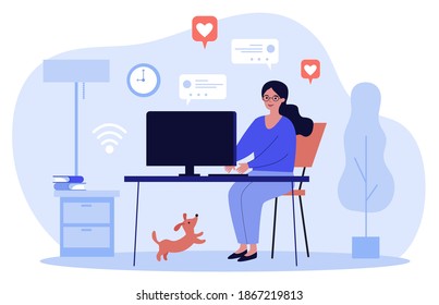 Woman using computer and chatting online at home. Blogger, pet, getting likes flat vector illustration. Social media, blog, communication concept for banner, website design or landing web page