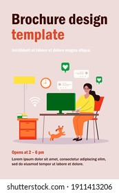 Woman using computer and chatting online at home. Blogger, pet, getting likes flat vector illustration. Social media, blog, communication concept for banner, website design or landing web page