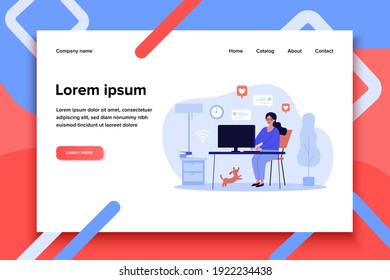 Woman using computer and chatting online at home. Blogger, pet, getting likes flat vector illustration. Social media, blog, communication concept for banner, website design or landing web page