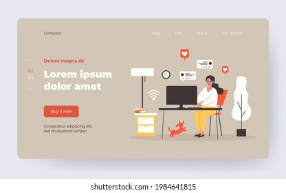 Woman using computer and chatting online at home. Blogger, pet, getting likes flat vector illustration. Social media, blog, communication concept for banner, website design or landing web page