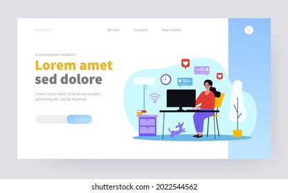 Woman using computer and chatting online at home. Blogger, pet, getting likes flat vector illustration. Social media, blog, communication concept for banner, website design or landing web page