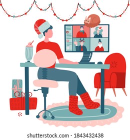 Woman using computer for collective virtual meeting, group video conference. People, friends are in different places, congratulate each other with Christmas and new year . Online greeting concept