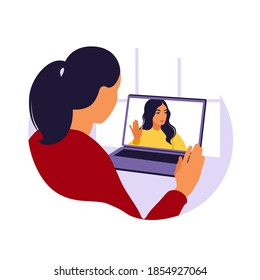Woman using computer for collective virtual meeting and group video conference. Man at desktop chatting with friends online. Video conference, remote work, technology concept.