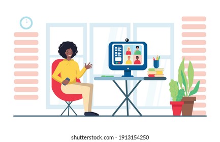 Woman using computer for collective virtual meeting and group video conference. Woman at desktop chatting with friends online. Vector illustration for videoconference, remote work, technology concept