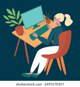 Mujer usando la computadora en la Ilustración vectorial plana del escritorio