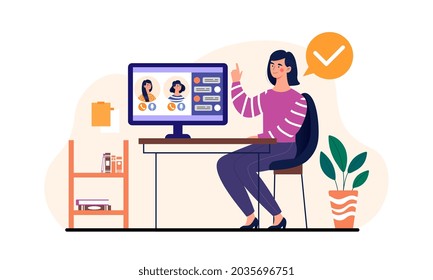 Woman using computer. Employee communicates with colleagues via video link. Remote, teleworking, conference. Online work from home. Cartoon flat vector illustration isolated on white background
