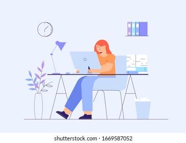 Woman using computer flat vector illustration. Working from home, remote job. Online shopping. Freelance, e-learning concept. Girl studying. Freelancer, student cartoon character.