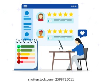 A woman using computer to giving star feedback and choosing satisfaction rating on computer site. Customer review rating and feedback concept. 