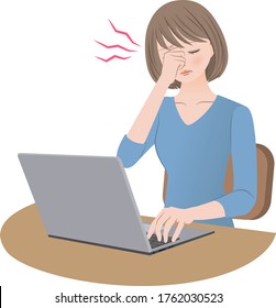 A Woman Using A Computer Has Eyestrain
