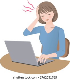 Woman using computer has a headache
