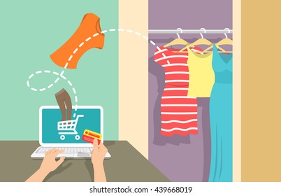 Woman using computer at home to buy clothes on website. Online shopping flat vector banner. Web store marketing. E-commerce background. Summer sales concept. Electronic commerce illustration