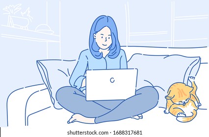 A woman using computer laptop on the sofa, she work at home. Conceptual of Work from home. Hand drawn in thin line style, vector illustrations.