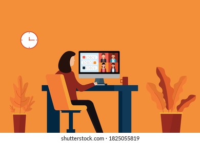 Woman using computer to learning or meeting online.work from home concept in vector illustration.