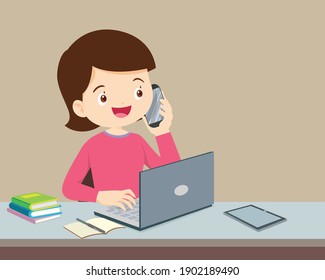 woman using a computer and mobile phone calling, woman using computer while talking on landline phone working