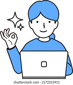 Woman using a computer: OK sign