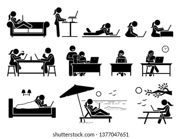 Woman using computer on different postures, poses, and places. Artwork depicts girl use a laptop to access and browse Internet at home, office, cafe, bedroom, beach, and outdoor park.