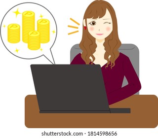 A woman using computer. Point increase.
