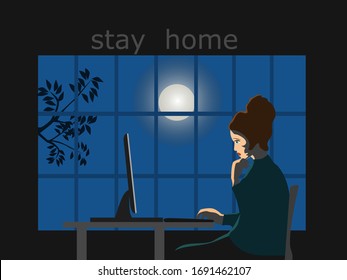 Woman using computer in room at night. There is a moon outside the window.Blue sky as a background