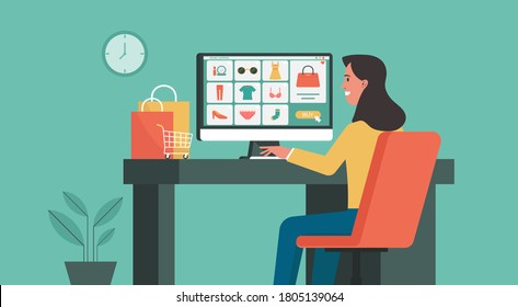 woman using computer for shopping online at home connecting to women fashion products on e-shop, flat vector illustration