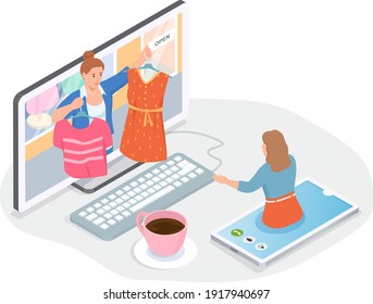 Frauen, die Computer und Smartphone verwenden, um Kleidung auf der Website, Online-Shopping im Internet-Verkauf in mobilen Shop-Anwendung, E-Commerce zu wählen. Marketingkonzept für Webstore. neue Modetechnologien