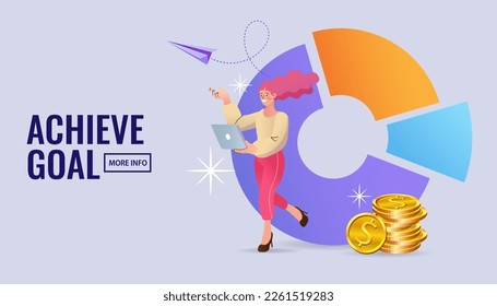 Woman using computer standing near pie chart. Budget planning. People analyzing personal or corporate budget. Finance accounting and calculation of financial income and expenses. vector illustration.