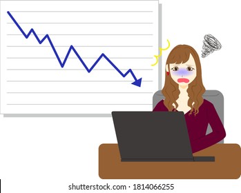 A woman using computer. Stock  vector. Stock price drops.