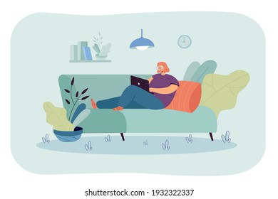 Woman using computer to surf internet. Girl with laptop sitting on sofa and working at home. Vector illustration for relaxing, free time or freelance concept