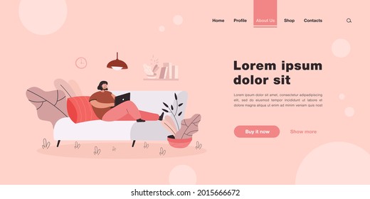 Woman using computer to surf internet. Girl with laptop sitting on sofa and working at home. Vector illustration for relaxing, free time or freelance concept
