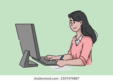 Woman using computer for work. Work with computers. Flat image