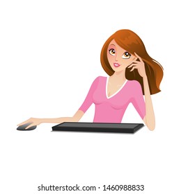 Woman using the computer to work isolated