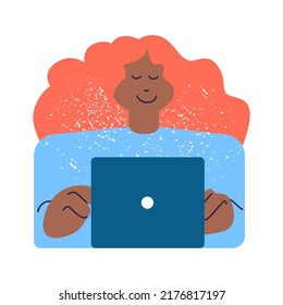 Mujer usando computadora. Trabajar en equipo o solo. La comunicación social. Negocios. Ilustración vectorial de esbozo geométrico simple