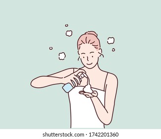 Mujer que usa gel de limpieza cosmética o lavado facial para limpiar su cara. Ilustraciones de diseño vectorial de estilo dibujado a mano.