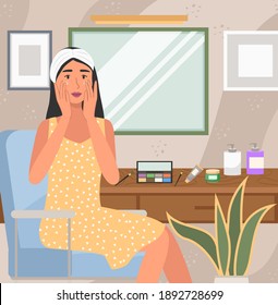 Woman using cosmetic cleansing gel to prepare the skin for makeup. Girl is doing morning routine. Female applying skin care product. Persona applies makeup base on her face vector illustration