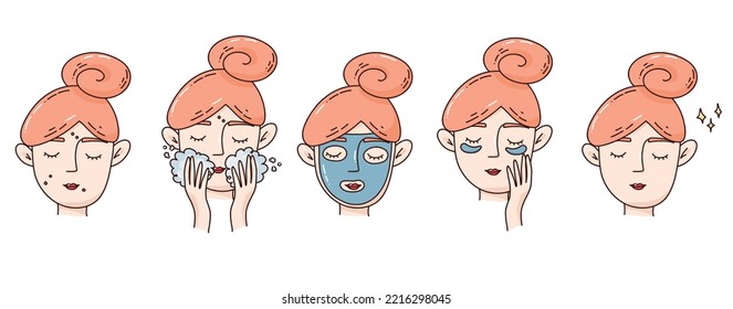 woman using cosmetic products for facial skin. Facial cleaning and other care. Girl making skincare procedures. Hand drawn vector illustration