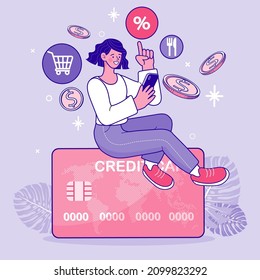 Woman using a credit card to shop on a computer. people use online shopping services. Smartphone marketing and e-commerce. delivery service concept. Vector outline illustration.