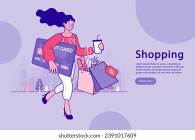 Woman using a credit card to shop on a computer. people use online shopping services. Smartphone marketing and e-commerce. delivery service concept. Vector outline illustration.